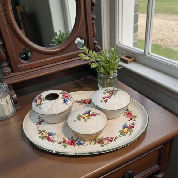 Antique Other - Antique English Earthenware Vanity Tray with Hair Receiver/Vanity bowl Set